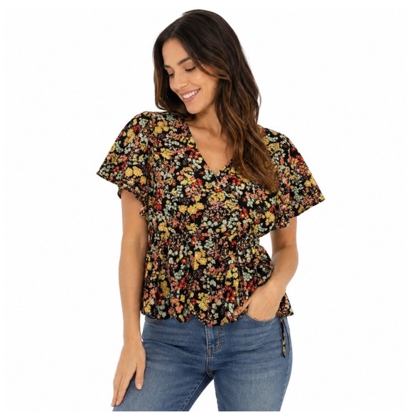 Madewell Tops - Madewell Flower Garden Faux Wrap Peplum Top Black Floral Dolman Sleeve XL